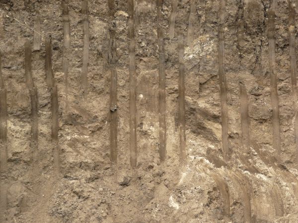 Texture of dark brown dirt wall with smooth vertical marks dug into it and an area of green and yellow grass at the top.